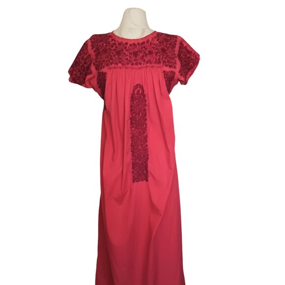 Mexican Oaxacan Red On Red Embroidered Dress Maxi Length Vintage Small Medium - Picture 2 of 16